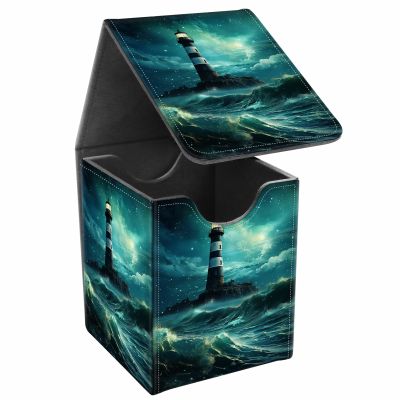 JANENFNA Card Deck Box, Card Storage Box Fits 100+ Single Sleeved Cards, Large Capacity PU Leather Card Storage Box with Strong Magnet for Magic Commander TCG CCG, Lighthouse