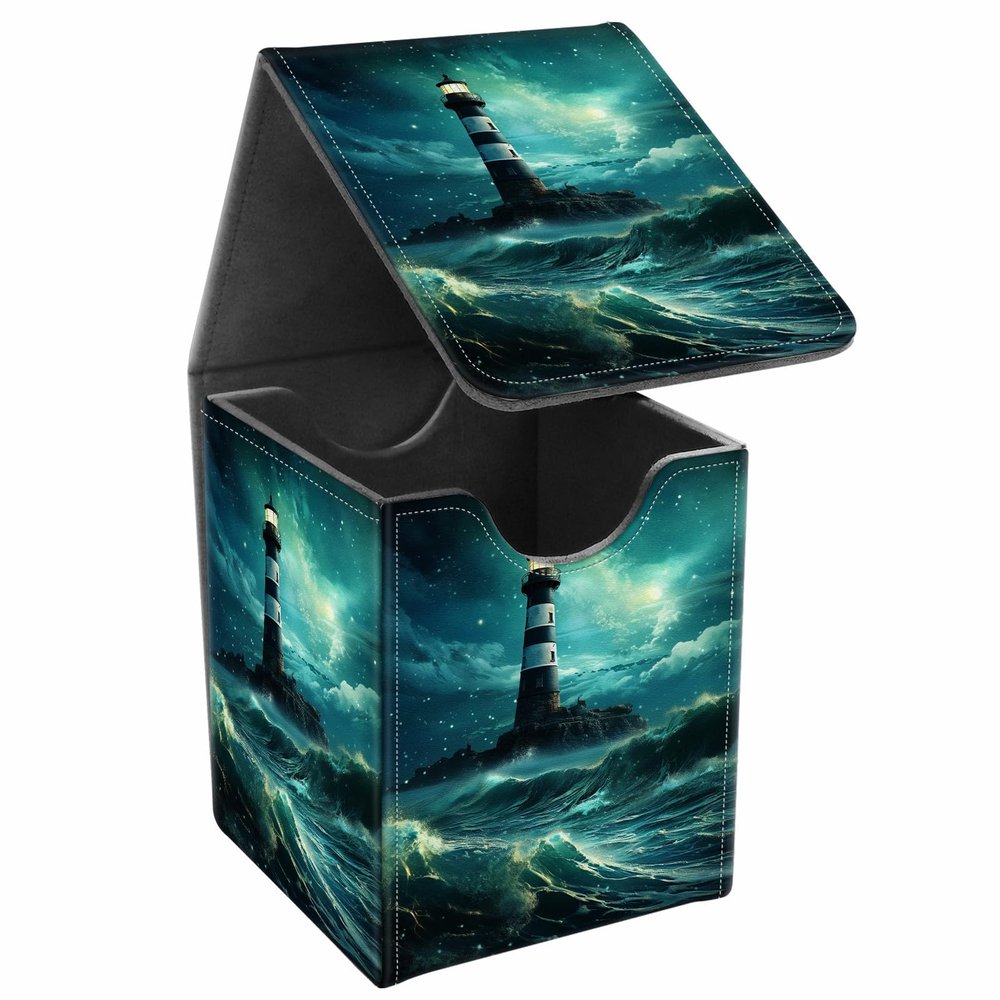 JANENFNA Card Deck Box, Card Storage Box Fits 100+ Single Sleeved Cards, Large Capacity PU Leather Card Storage Box with Strong Magnet for Magic Commander TCG CCG, Lighthouse
