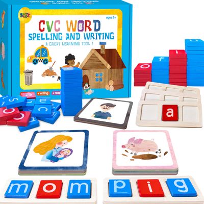 154 PCS Wooden CVC Word Spelling Game, Short Vowel Spelling Flashcards Sight Words Flash Cards Montessori Early Educational Toys for Preschool Kindergarten (5 Dry Erase Marker Included)