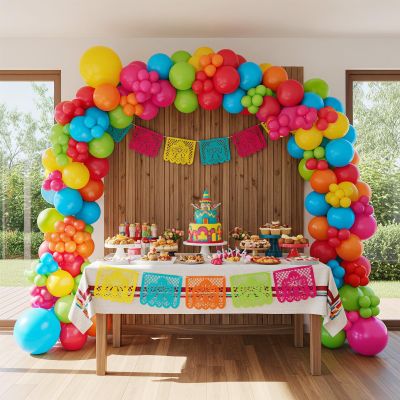 Mexican fiesta balloon Garland Arch Kit Hot Pink Lime Green Orange Red Blue Yellow Rainbow Balloons for Day of the Dead Cinco de Mayo Cielito Lindo theme Birthday Baby Shower Party Decorations