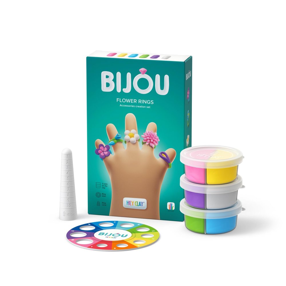 Fat Brain Toys Hey Clay Bijou Flower Rings, Air Dry Clay Kit with Interactive App for Kids & Tweens, Modeling Clay and Crafts Set for Ages 5 to 11