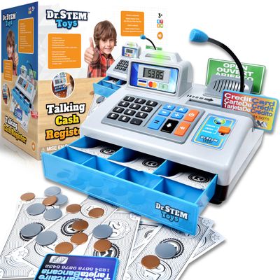 Dr. STEM Toys Talking Toy Cash Register, STEM Learning 69 Piece Pretend Store with 3 Languages, Paging Microphone, Credit Card, Bank Card, Play Money and Banking for Kids (Silver)