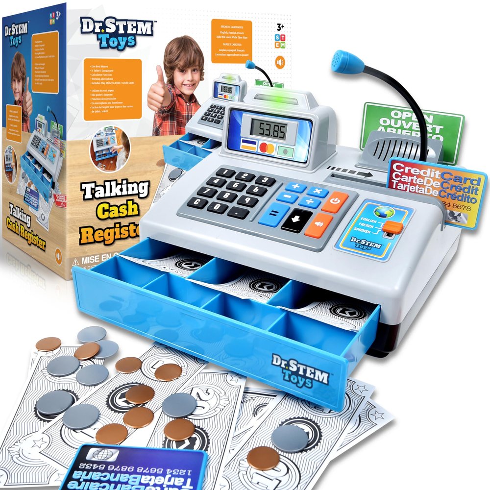 Dr. STEM Toys Talking Toy Cash Register, STEM Learning 69 Piece Pretend Store with 3 Languages, Paging Microphone, Credit Card, Bank Card, Play Money and Banking for Kids (Silver)