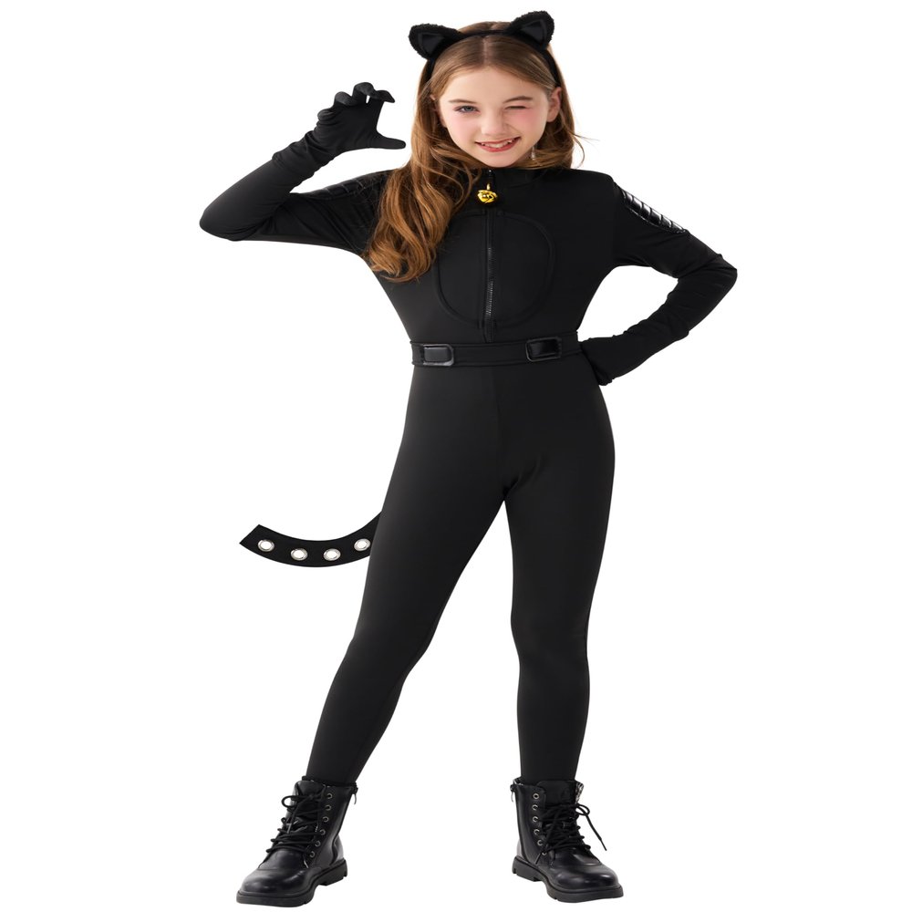 Spooktacular Creations Black Cat Costume for Girls, Kids Cat Outfit Set with Tail Headband Gloves, Child Halloween Costume for Cosplay Role Play Party (Medium(8-10 yrs))