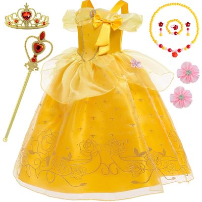 Princess Dresses for Girls Princess Costume Kids Belle Dress Up Birthday Christmas Halloween Party with Accessories 3T(100CM,E40)