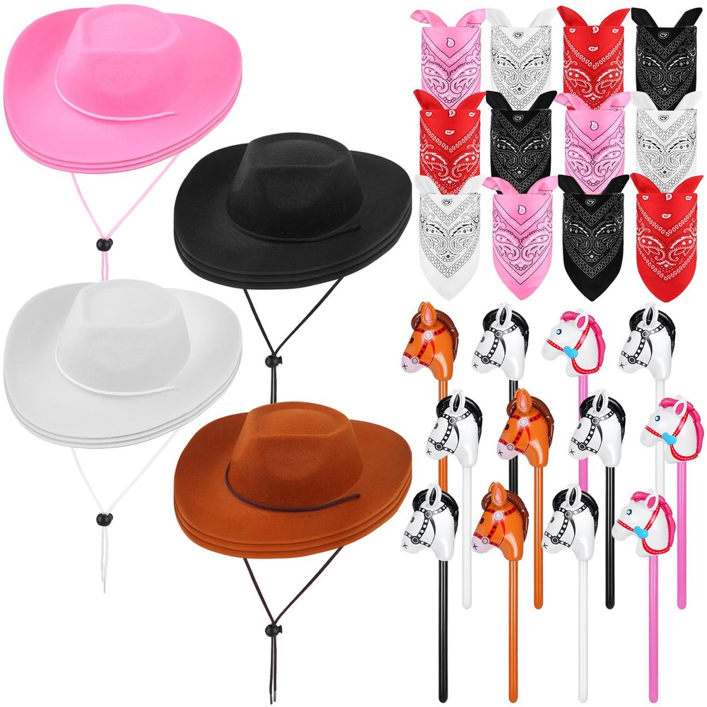 OBANGONG 36 Pcs Cowboy Party Costume Set Include 12 Western Party Hats 12 Inflatable Stick Horses and 12 Paisley Bandana Bulk Western Accessories for Cowgirl Birthday Cosplay Party Supplies
