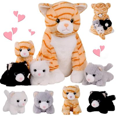 5 PCS Cat Stuffed Animal with Babies Inside Belly - Mommy Stuffed Orange Tabby Cat with 4 Plush Kittens Toys, Stuffed Kitty Plushies Toy for Kids Boys Girls Valentines Day Christmas Birthday Gift