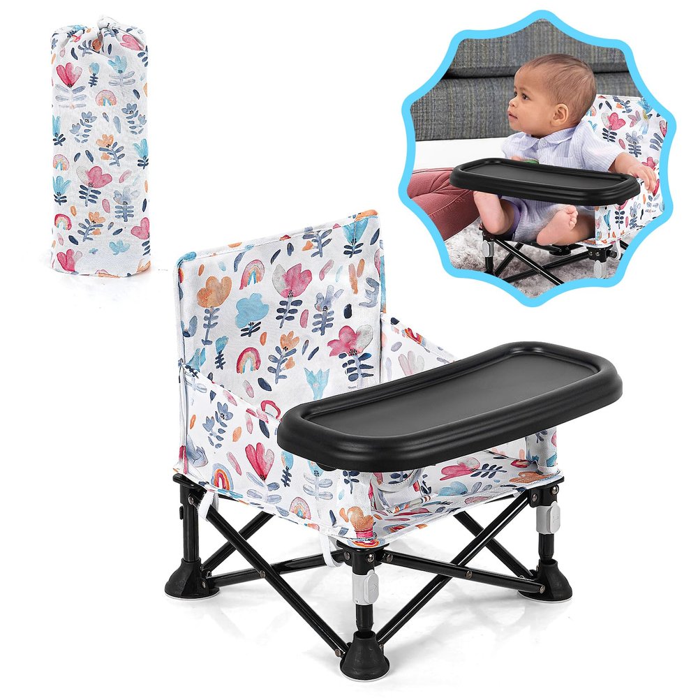Toddler Booster Seat for Dining Table & Kitchen Chair - Portable Foldable with Removable Tray, Baby Camping Chair 6-36 Months Indoor Outdoor (Green Stripe)