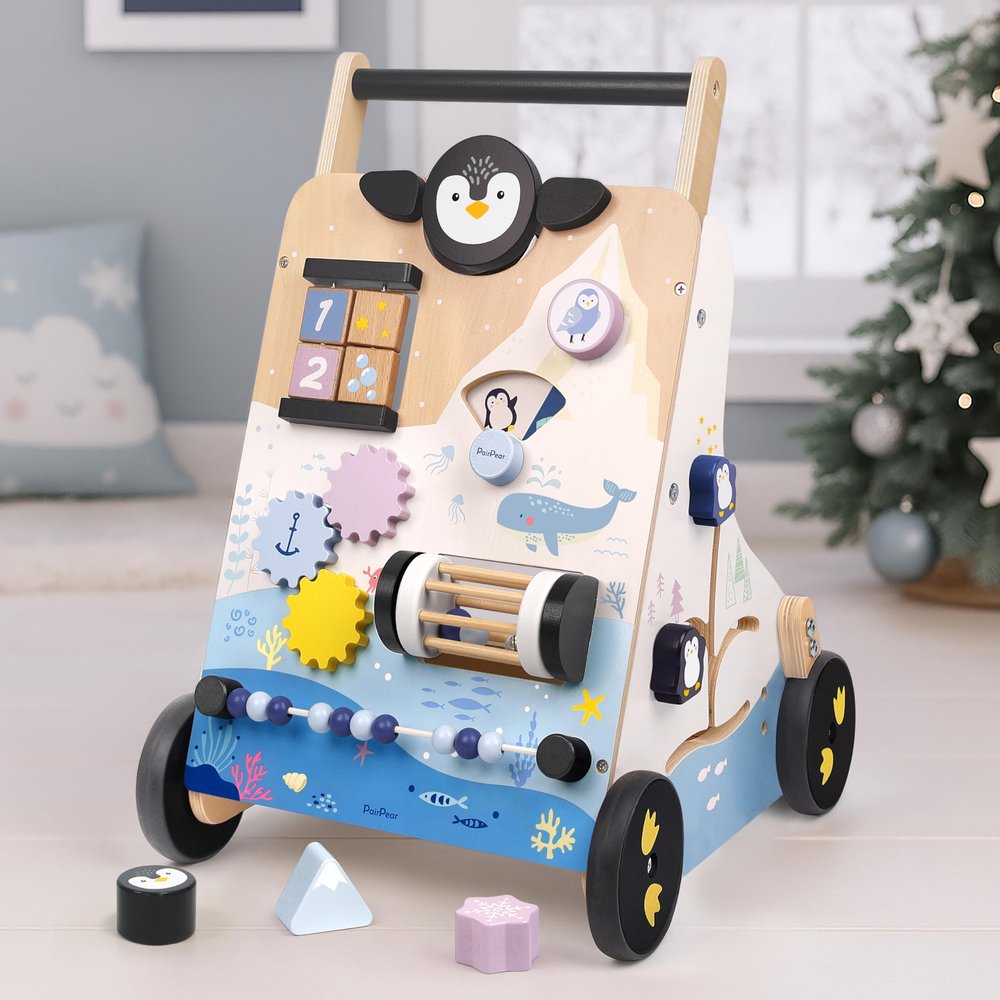 PairPear Polar Explorer Wooden Baby Walker, Montessori 9-in-1 Activity Push Walker Activity Center Toys with Adjustable Speed & Height, Penguin Mirror, Shape Sorter Learning Toys Gift for Toddler 1-3