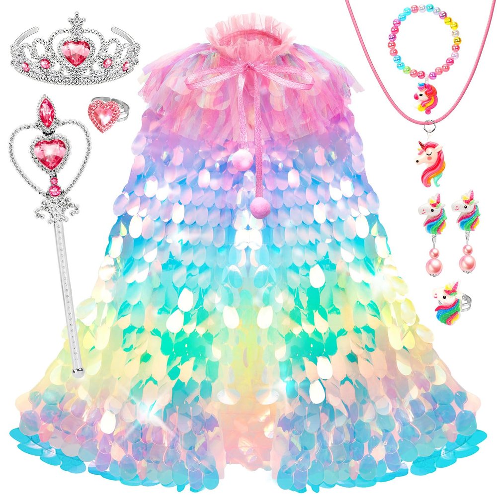 Princess Dress Up for Girls 4-6, 3 4 5 6 Year Old Girl Birthday Christmas Gifts, Rainbow Unicorn Toddler Toys for Ages 3-8, 9 PCS Mermaid Sequin Princess Cape Clothes for Little Girl Kids Party Favors