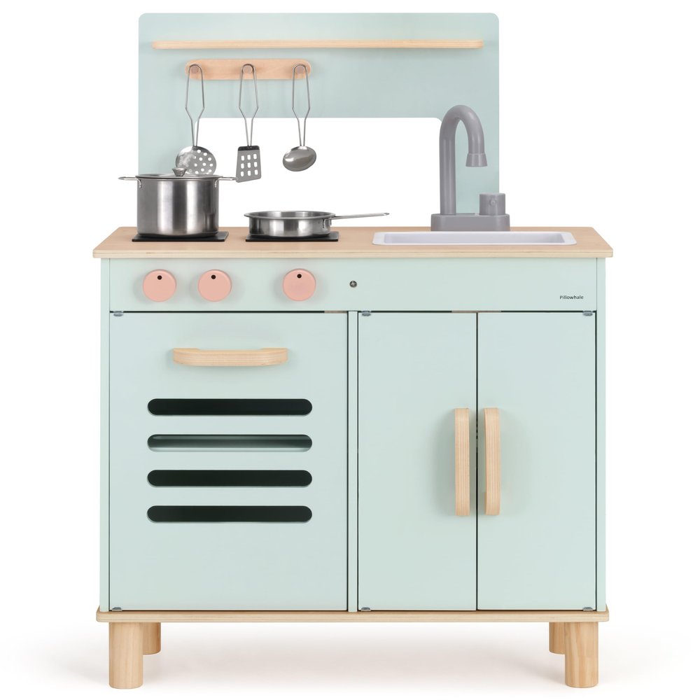 Pillowhale Wooden Play Kitchen Set, Mint Green Stove & Sink with 5 Stainless Steel Tools, Click Knobs, Storage Cabinets, Montessori Toy for Toddlers 3+