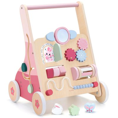 PairPear Wooden Baby Walker Push and Pull Learning Activity Walker, 8-in-1 Montessori Busy Board Push Walker Wooden Activity Center Toys for Boys and Girls 12m+ Pink Rabbit