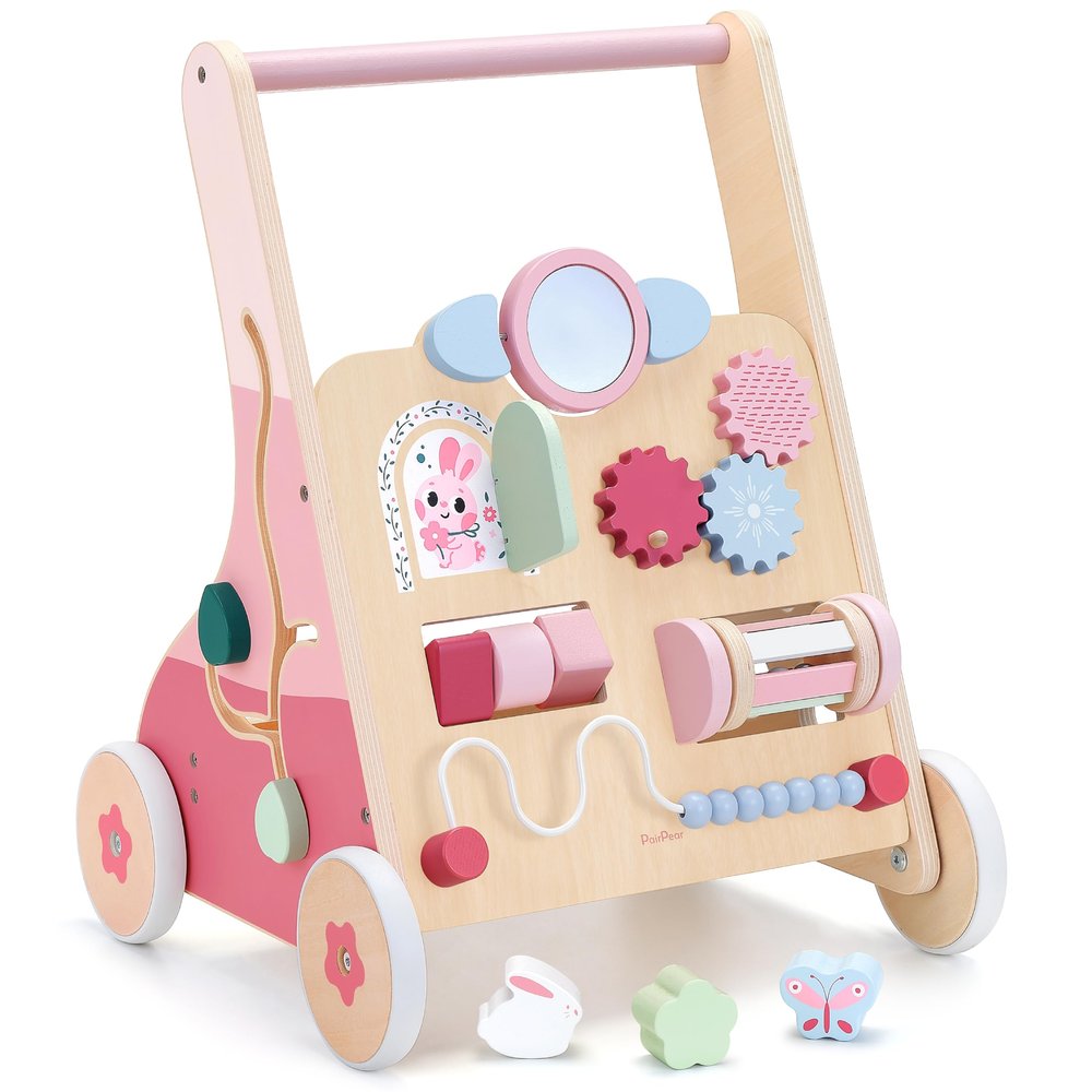 PairPear Wooden Baby Walker Push and Pull Learning Activity Walker, 8-in-1 Montessori Busy Board Push Walker Wooden Activity Center Toys for Boys and Girls 12m+ Pink Rabbit