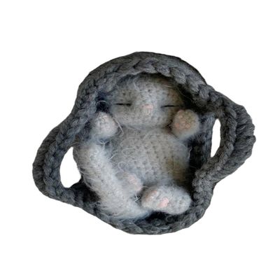 Fluffy Sleeping Kitten Grey toy. Realistic Newborn Cat in the grey basket | crib. Crochet Handmade Gift for Toddlers.