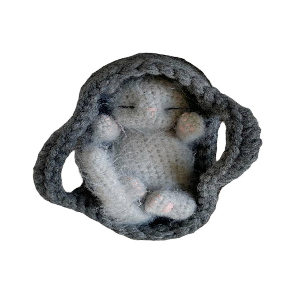 Fluffy Sleeping Kitten Grey toy. Realistic Newborn Cat in the grey basket | crib. Crochet Handmade Gift for Toddlers.
