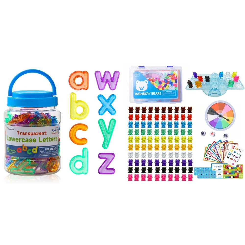 Odoorgames 78 Pcs Translucent Lowercase Letters - 100 Pcs Transparent Bear - Counting Animal - Learning Toy for Light Table Accessories and Manipulatives