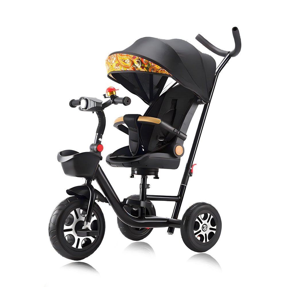 BEUDUOQI Kids Tricycle,Tricycle Stroller,Kid Stroller,5 in 1 Foldable Kids Trike with Rotate Seat/Removable Push Handle/Canopy/Seat Armrest/Storage Basket,Double Brakes Kids Bike,Black a
