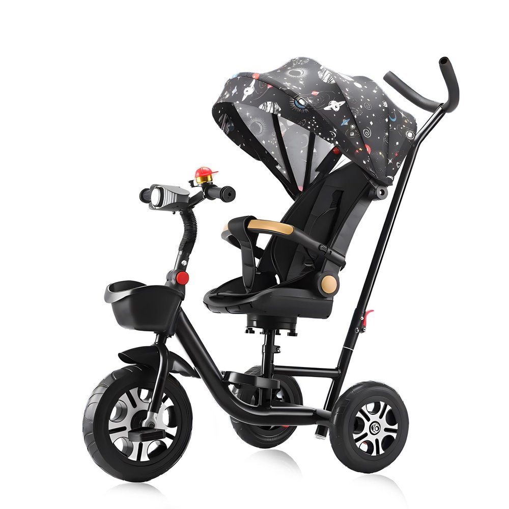 BEUDUOQI Kids Tricycle,Tricycle Stroller,Kid Stroller,5 in 1 Foldable Kids Trike with Rotate Seat/Removable Push Handle/Canopy/Seat Armrest/Storage Basket,Double Brakes Kids Bike,Blackb