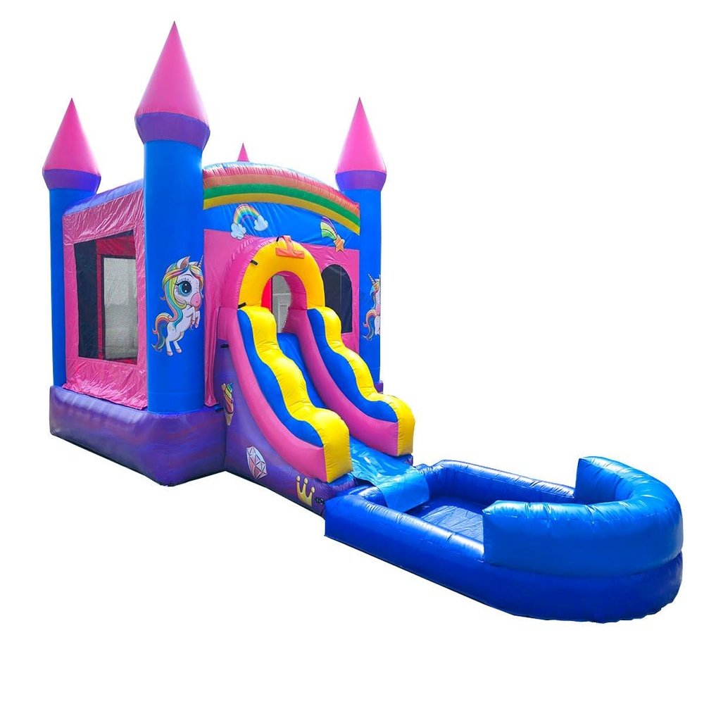 Crossover Inflatable Bounce House with Slide for Kids, 26.5 x 12 x 14.5 Foot Pink Unicorn Castle Combo Bouncer Waterslide Jumper - Includes Pool, Blower, Stakes, Patches and Storage Bag