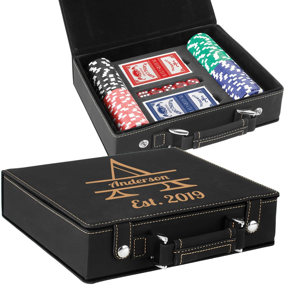 Oezzo Personalized Poker Set with 100 Chips, Custom Case, Cards and Dice - Perfect Wedding or Dad's Gift (Black/Gold)