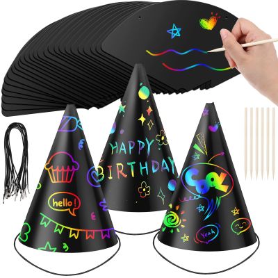 Lewtemi 108 Pcs Scratch Party Hats DIY Birthday Art Cone Scratch Hats Colorful Party Craft Paper Hat Decorating Supplies (Black)