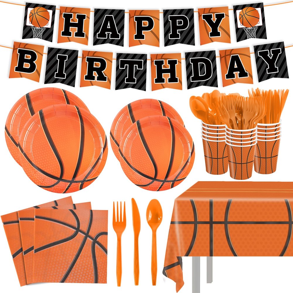 170Pcs Basketball Party Supplies Basketball Birthday Decorations Paper Plates Napkins Tablecloth Banner Cups Disposable Tableware Set for Boys Kids Birthday Party Decorations Serves 24