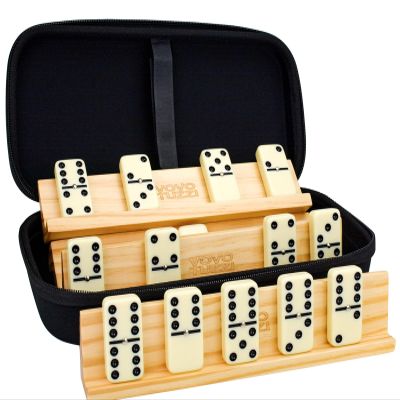 Vovotuzzi Dominos Set for Adults Jumbo Dominoes Set with 4 Wooden Racks/Trays, 28 Ivory Double 6 Domino Tiles with Portable Case and Wood Holders for Travel, Classic Board Games for Adluts and Kids