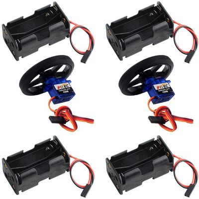 DIYmalls 2pcs FS90R Servo Continuous Rotation 360 with Wheel + 4pcs AA Battery Holder 6V