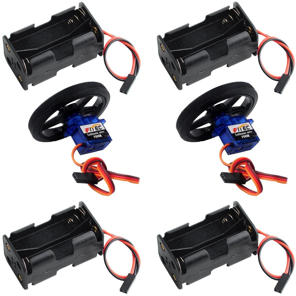 DIYmalls 2pcs FS90R Servo Continuous Rotation 360 with Wheel + 4pcs AA Battery Holder 6V