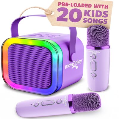 Move2Play, Mini Karaoke Machine for Kids | Built-in 20+ Songs | Bluetooth Speaker with Microphones | Voice Effects | Toddler Music Toy | Christmas Stocking Stuffer | Girls & Boys Age 2, 3, 4, 5, 6+