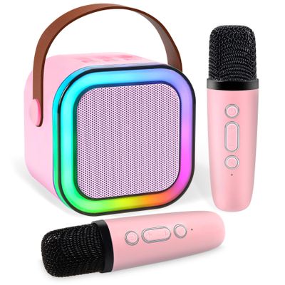 Mini Karaoke Machine,Portable Bluetooth Speaker with 2 Wireless Microphone for Kids Adults with Led Lights,Christmas Birthday Gifts for Girls Ages 4-12 Years Old Support USB/TF/AUX for Home Partypink