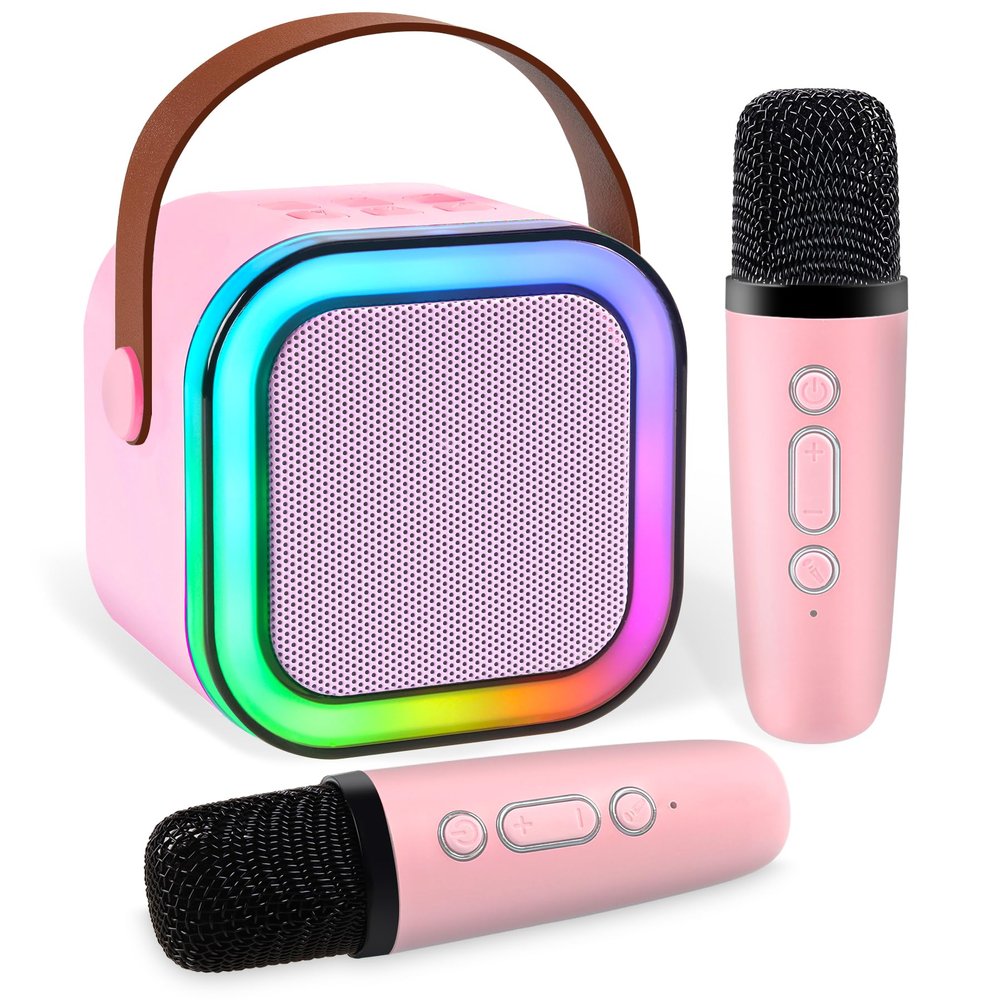 Mini Karaoke Machine,Portable Bluetooth Speaker with 2 Wireless Microphone for Kids Adults with Led Lights,Christmas Birthday Gifts for Girls Ages 4-12 Years Old Support USB/TF/AUX for Home Partypink