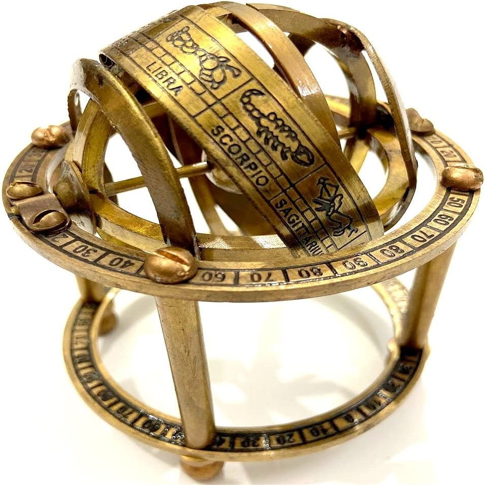 Armillary Sphere Globe, 3 Inches, Decorative Home Accent, Wall Mounted, Antique Brass