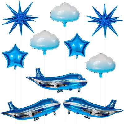 10 Pcs Large Airplane Party Balloons Set, Airplane Themed Foil Mylar Balloons for Baby Shower Toys Themed Party Birthday Decoration Supplies(Blue)