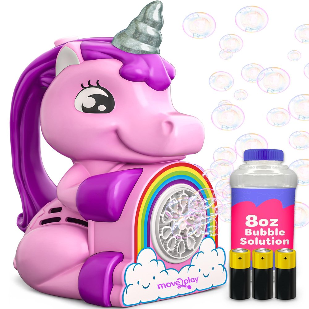 Move2Play, Unicorn Bubble Blower | Basket Stuffer | Bubble Machine | Toy for Toddlers, Boys and Girls | Indoor & Outdoor | Birthday Party | Summer Fun | Gift for Girl 1, 2, 3, 4+ Years Old
