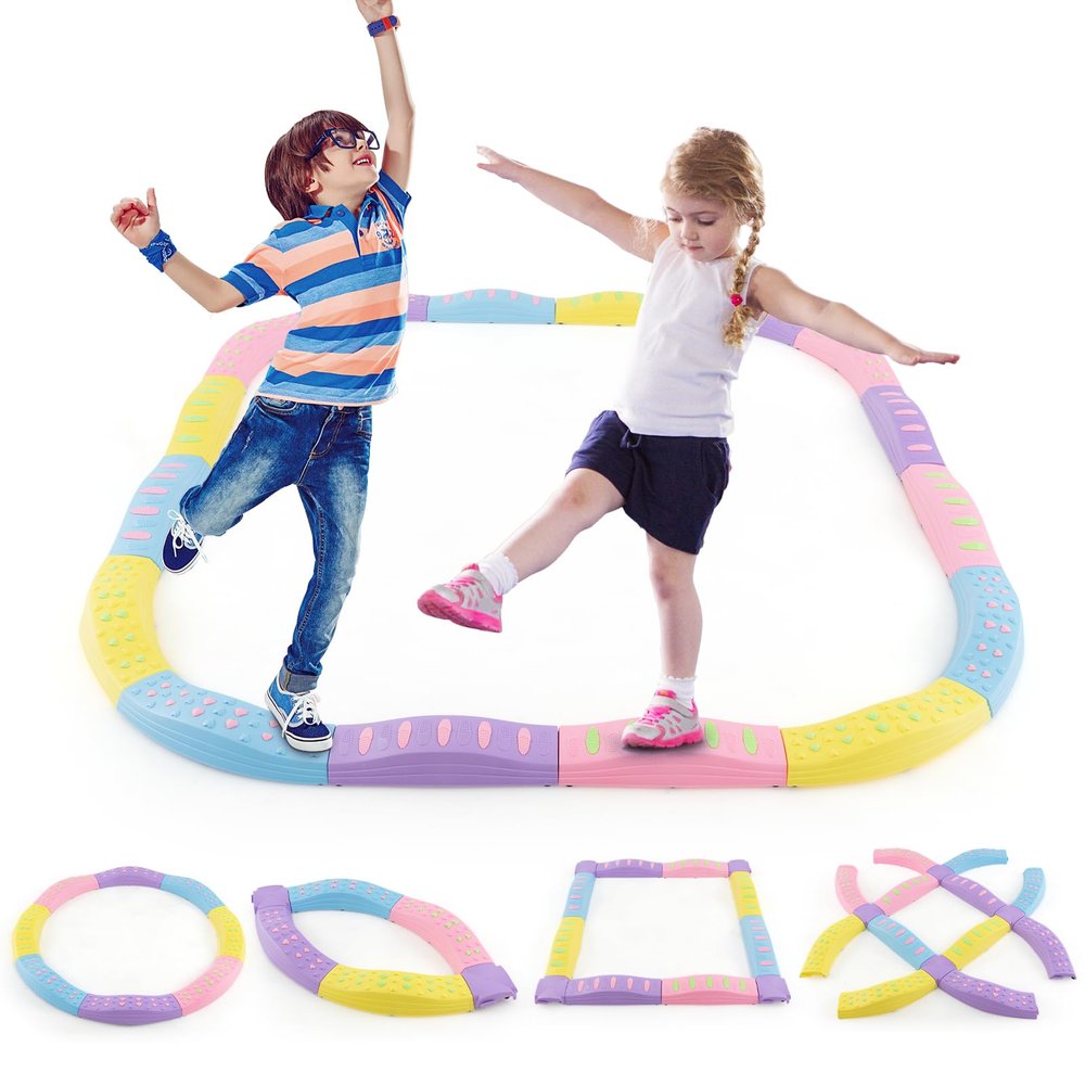 HONEY JOY Balance Beam, 20 PCS Toddler Stepping Stones Boards, Montessori Gymnastics Beam for Kids Development, Coordination Motor Skills, Indoor Plastic Obstacle Courses Sensory Toys (Macaron)