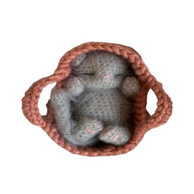 Fluffy Sleeping Kitten Grey toy. Realistic Newborn Cat in the coral basket | crib. Crochet Handmade Gift for Toddlers.