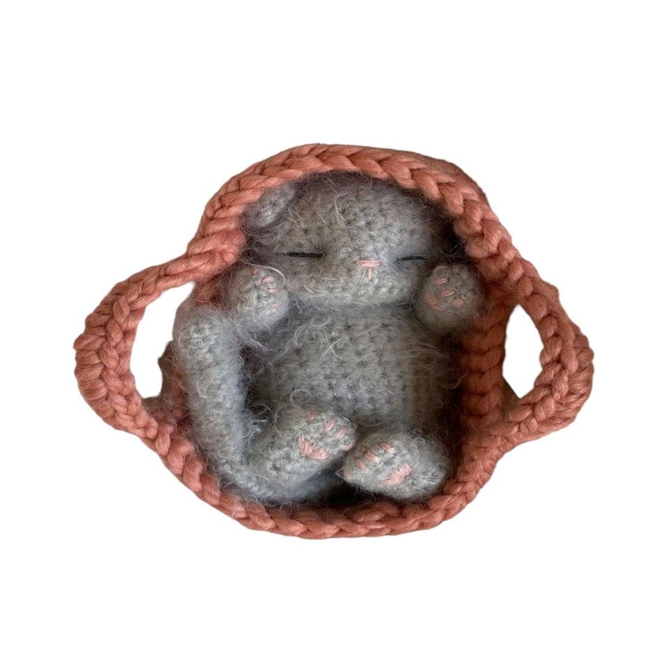 Fluffy Sleeping Kitten Grey toy. Realistic Newborn Cat in the coral basket | crib. Crochet Handmade Gift for Toddlers.
