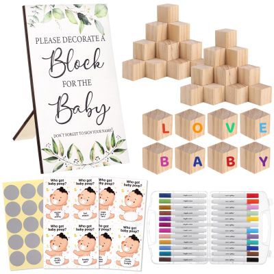 115 PCS Shower Games Sign Set - Baby Shower Blocks to Decorate Shower Activitie Sign DIY Blank Wooden Block, Including Decorate a Block Game Sign 50 DIY Blank Wooden Block 24 Acrylic Paint Marker