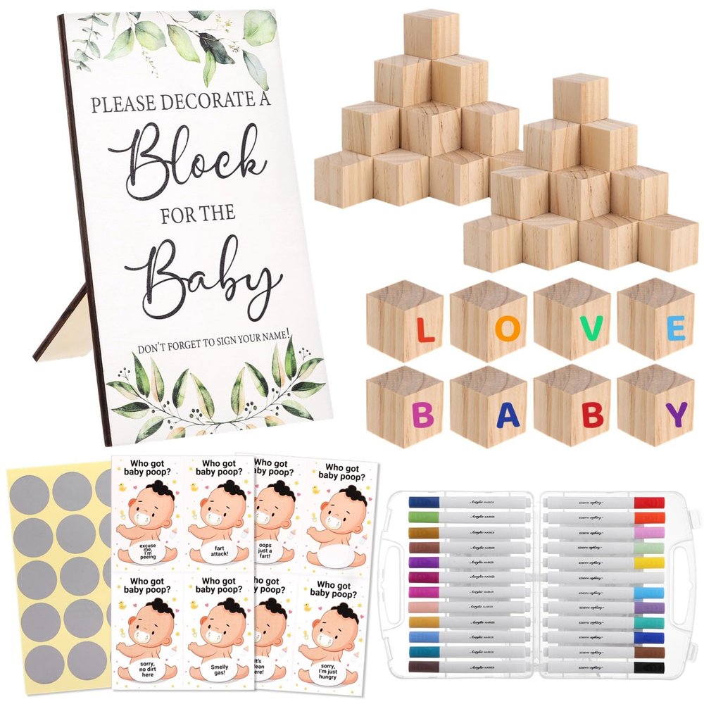115 PCS Shower Games Sign Set - Baby Shower Blocks to Decorate Shower Activitie Sign DIY Blank Wooden Block, Including Decorate a Block Game Sign 50 DIY Blank Wooden Block 24 Acrylic Paint Marker
