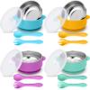 Nuogo 4 Sets 304 Stainless Steel Baby Bowls with Removable Silicone Shell Toddler Bowls with Suction Kids Bowls with Lids Spoons and Fork Anti Scald, Dishwasher Safe (Blue,Green,Yellow,Purple) view 1
