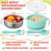 Nuogo 4 Sets 304 Stainless Steel Baby Bowls with Removable Silicone Shell Toddler Bowls with Suction Kids Bowls with Lids Spoons and Fork Anti Scald, Dishwasher Safe (Blue,Green,Yellow,Purple) view 3