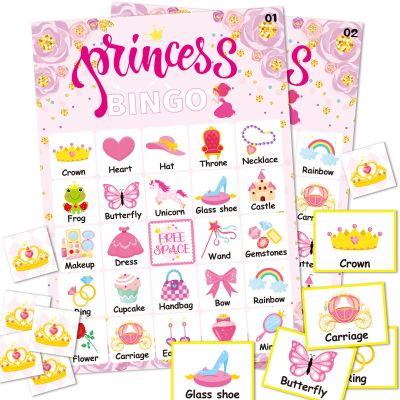 Omlisca Pink Princess Bingo Game 24 Players Bingo Games Cards for Tea Party Decorations Princess Birthday Family Holiday Party Supplies Activities Bridal Shower Wedding Party Favors