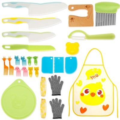 WOTPCRD 25Pcs Kids Kitchen Knife Set, Safe Kids Kitchen Cutter Set, Montessori Kitchen Tools with Cutters Potato Chipper Peeler Oversleeves Bear Sandwich Mould Chopping Bboard Gloves Apron Fruits