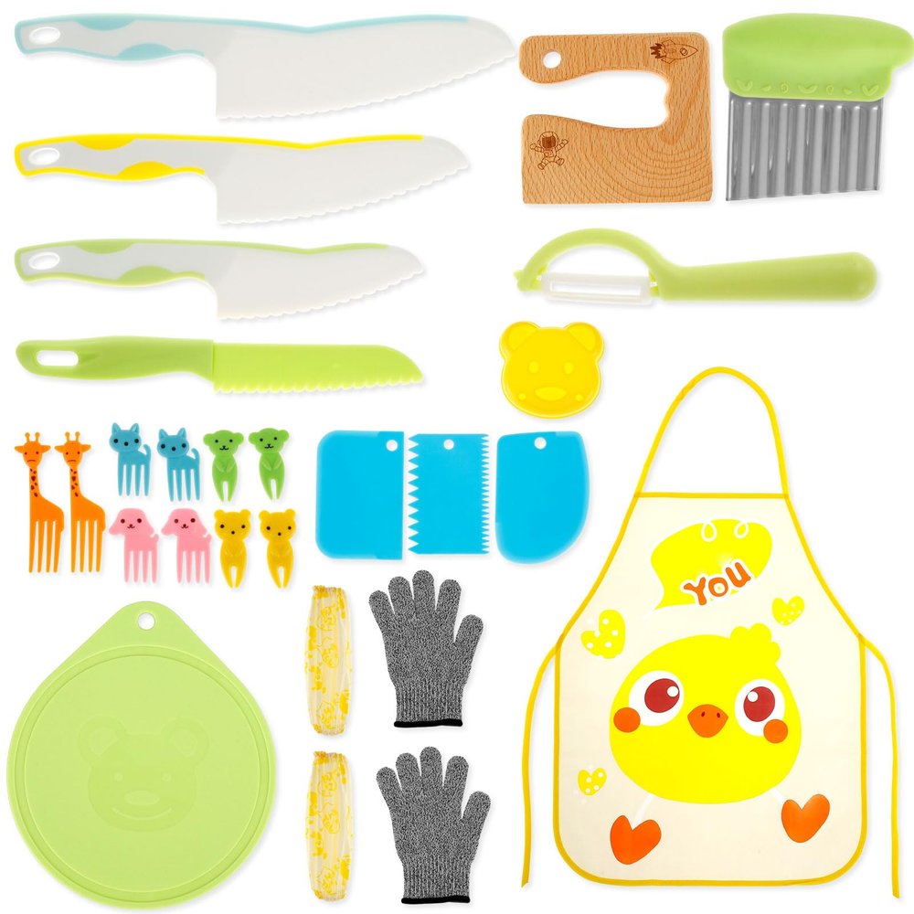 WOTPCRD 25Pcs Kids Kitchen Knife Set, Safe Kids Kitchen Cutter Set, Montessori Kitchen Tools with Cutters Potato Chipper Peeler Oversleeves Bear Sandwich Mould Chopping Bboard Gloves Apron Fruits