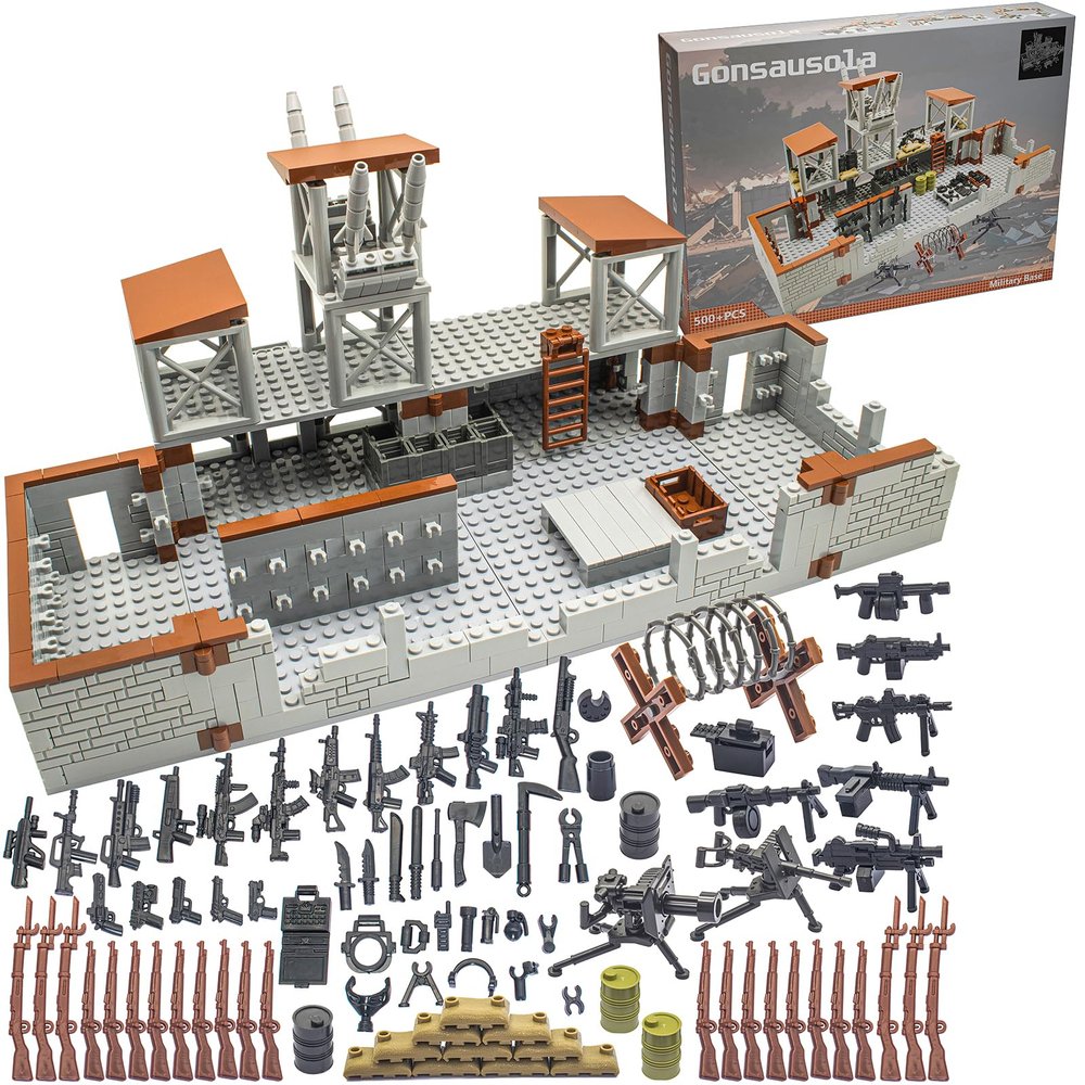 Gonsausola 500+ Pcs Military Base Building Brick Sets Include Defence Base Guard Tower for Army Mini Figures, Weapon Pack Accessories Kits Toys, Guns Weapons Building Block Toy for Kids