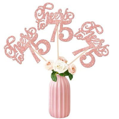 12 PCS Cheers to 75 Centerpiece Sticks Double Sided Glitter Happy 75th Birthday Centerpieces Number 75 Flower Centerpiece for 75th Birthday Party Decorations Table Centerpieces Supplies Rose Gold