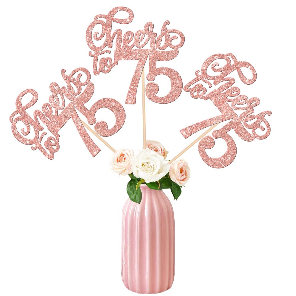 12 PCS Cheers to 75 Centerpiece Sticks Double Sided Glitter Happy 75th Birthday Centerpieces Number 75 Flower Centerpiece for 75th Birthday Party Decorations Table Centerpieces Supplies Rose Gold