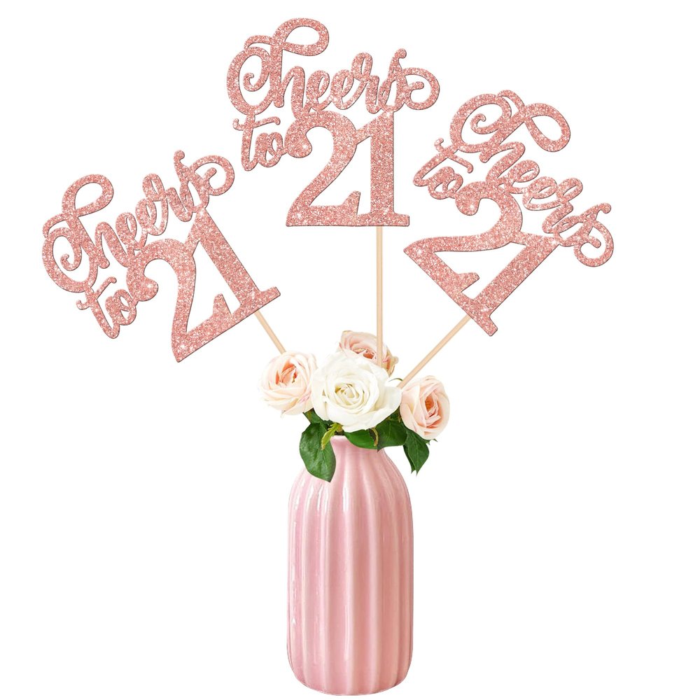 12 PCS Cheers to 21 Centerpiece Sticks Double Sided Glitter Happy 21st Birthday Centerpieces Number 21 Flower Centerpiece for 21st Birthday Party Decorations Table Centerpieces Supplies Rose Gold