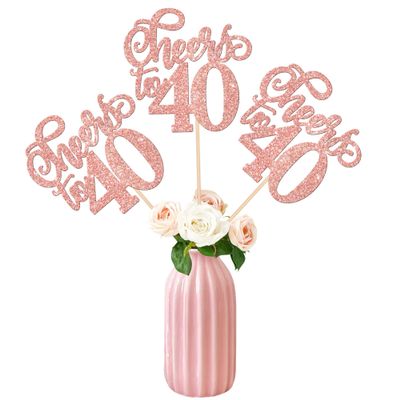 12 PCS Cheers to 40 Double Sided Glitter Happy 40th Birthday Centerpiece Sticks - Number 40 Flower Centerpieces for Party Decorations Table Supplies - Rose Gold